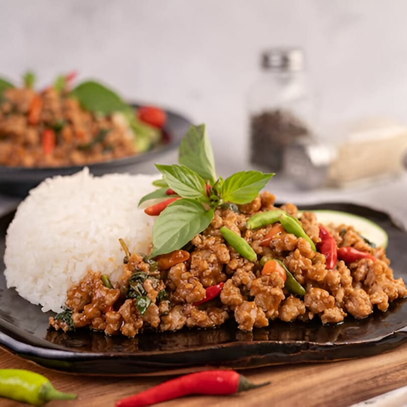 Grace ThaiNY's Pad Krapow with minced chicken, basil, chilies, and white rice on a black plate.